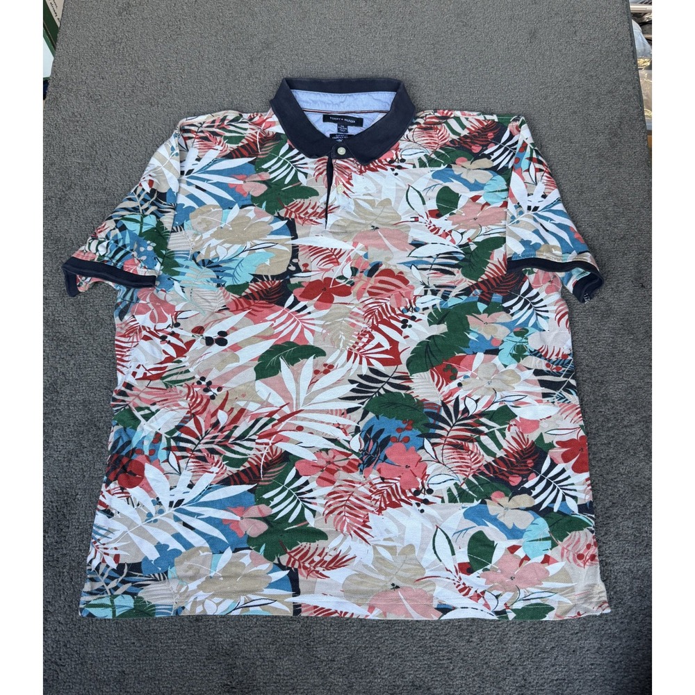 Tommy Hilfiger Mens XXL Custom Fit Tropical Floral Leaf Print Polo Shirt Multi
